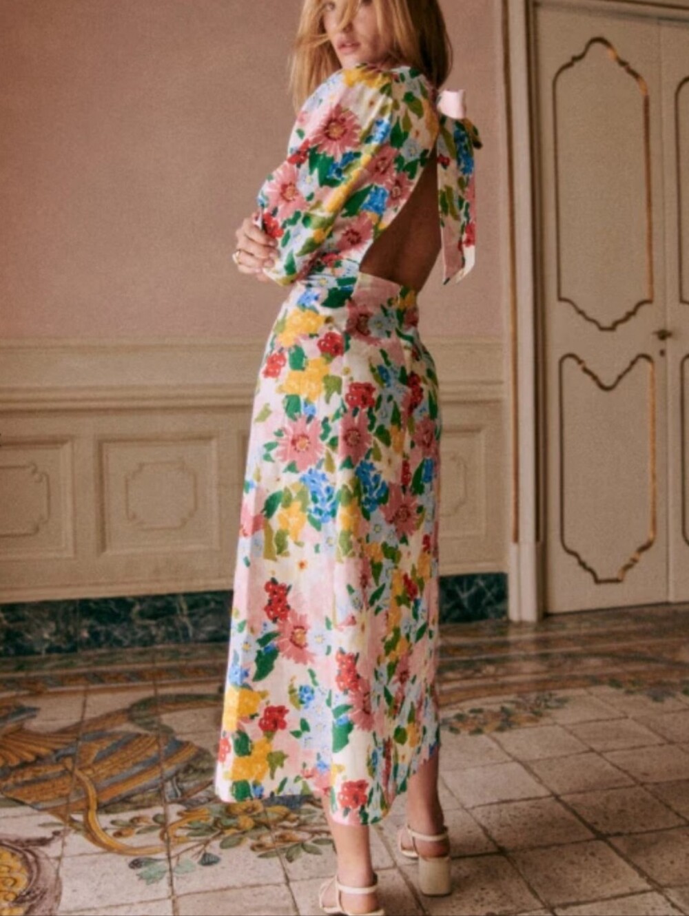 Sezane Jiana Dress Linen Blend Italy Floral Open Back Puff Sleeve Midi Luxury 4 - Picture 2 of 11
